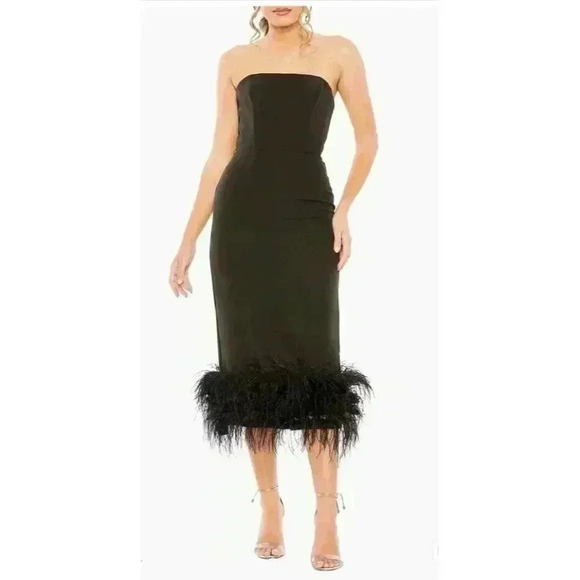 NWT Mac Duggal 11629 Strapless Column Dress Feather Trim Black Size 14 - Picture 1 of 8